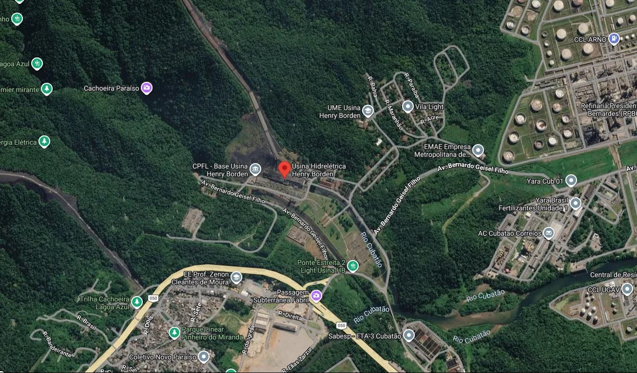 Mapa da região da Usina Henry Borden entre a Serra do Mar e Cubatão